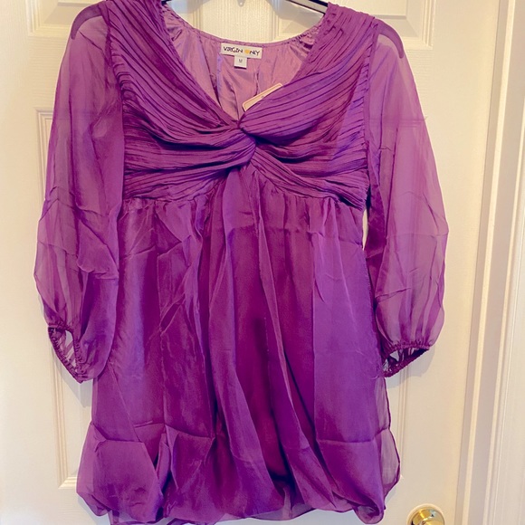 Chiffon Baby Doll Bubble Hem Mini Dress 3/4 Puff Sleeve in Purple NWT MED - Picture 4 of 16